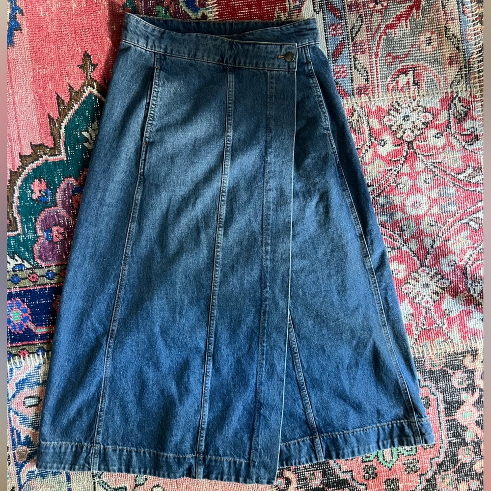 Massimo Dutti blue denim open wrap button skirt